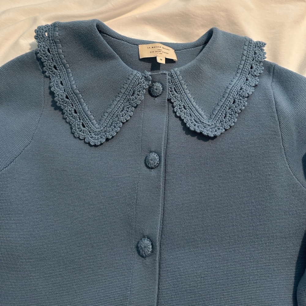 Sezane Blue Cardigan with Crochet Collar - Picture 2 of 5